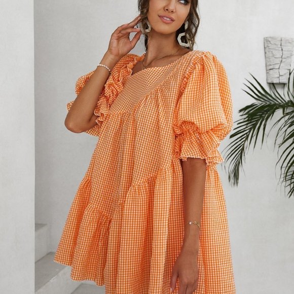 Multicolor Boho Womens Gingham Puff Sleeve Smock Dress - Picture 5 of 7